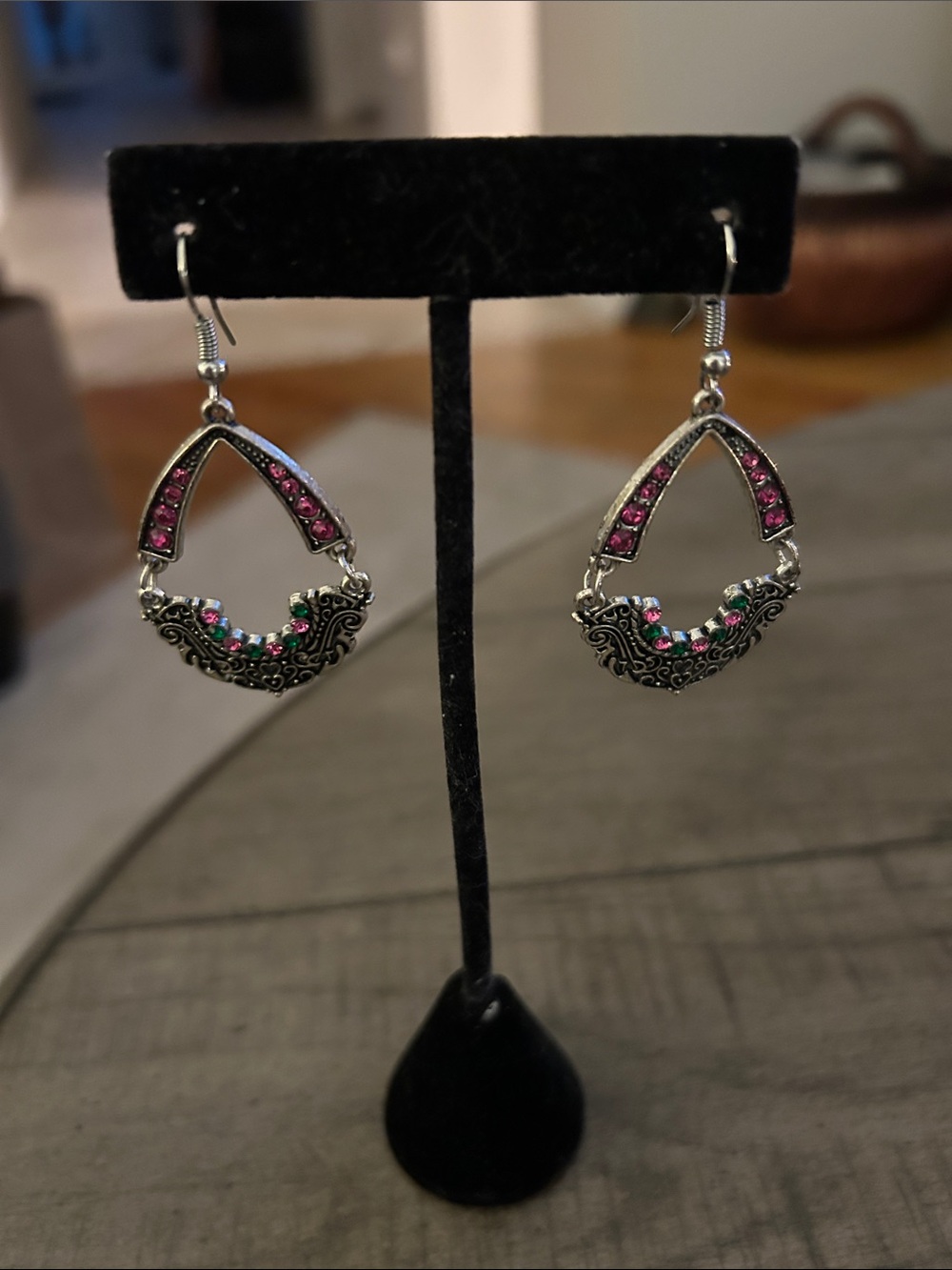 Silver-Tone Drop Earrings with Pink and Green Crystals